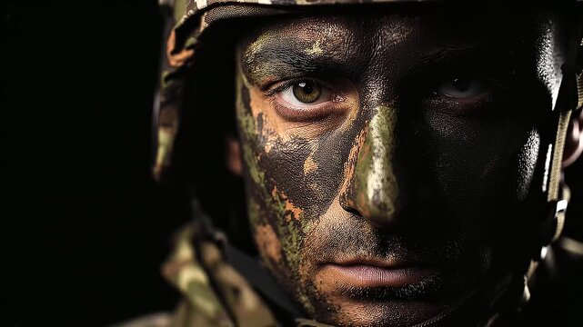 Dramatic military face camouflage portrait with one sharp eye in shadow, tactical soldier, defense training, stealth, resilience, focus, combat readiness, armed forces and military service