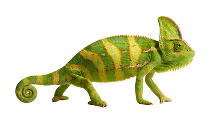 Veiled chameleon with green and yellow striped skin and curled tail © Thaddeus