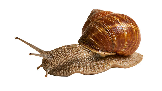 Brown garden snail with textured skin and spiral shell moving forward
