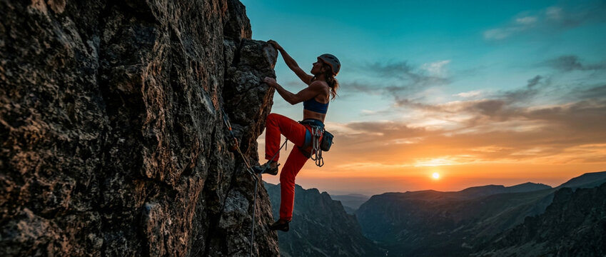 Woman rock climbing at sunset, dramatic mountain landscape, adventure, extreme sport