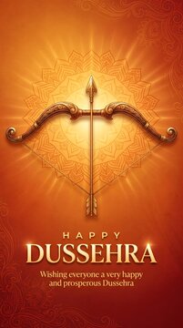 Happy dussehra festival greeting card with traditional golden bow and