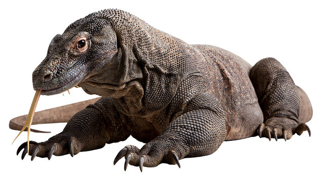 Large Komodo dragon lizard with textured brown skin and forked tongue extended