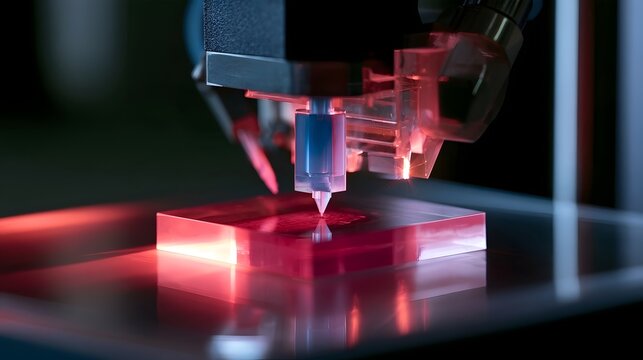 A precision laser engraving tool is actively cutting a transparent material block with red light illumination in a controlled environment