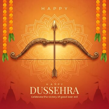Happy dussehra festival greeting card with traditional bow and arrow