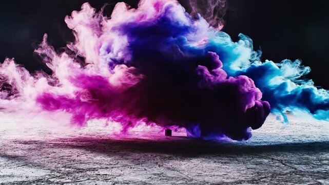 Vibrant colorful smoke bombs exploding on textured concrete at night