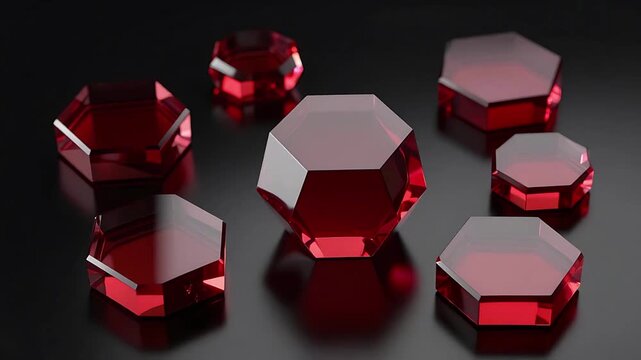 Rendering 3D astratto di gemme e cristalli esagonali rosso rubino trasparente su superficie scura riflettente, perfetto per temi legati a lusso, scienza e dati, rosso rubino, vetro trasparente