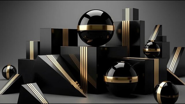Composizione astratta 3D di lusso con sfere e blocchi geometrici neri lucidi riflettenti, impreziositi da dettagliati inserti e strisce in oro metallizzato