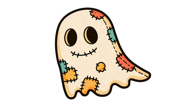 Cute cartoon ghost character with colorful fabric patches and stitched details