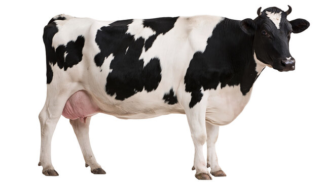 Black and white Holstein dairy cow standing in profile