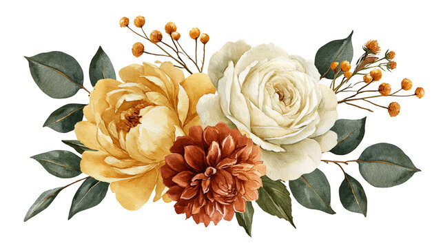 Yellow peony white rose and rust dahlia floral arrangement with eucalyptus leaves
