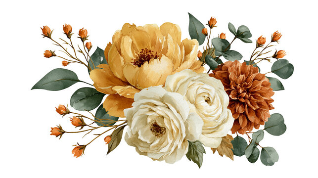 Autumnal floral bouquet with yellow peonies white ranunculus and orange dahlias
