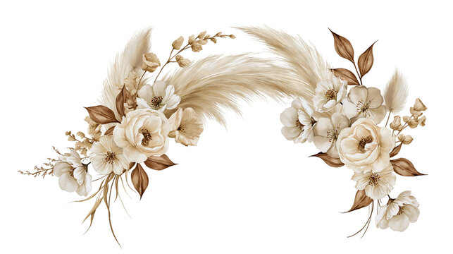 Boho floral arch arrangement with beige roses and pampas grass plumes