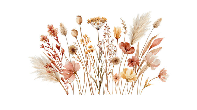 Boho style dried wildflowers and pampas grass bouquet in warm earth tones