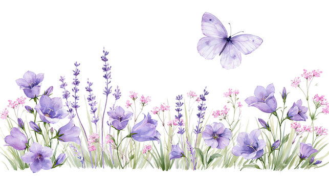 Watercolor purple bellflowers lavender sprigs and a flying butterfly border