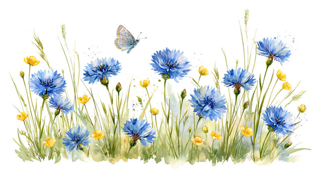 Watercolor blue cornflowers and yellow buttercups with a flying butterfly