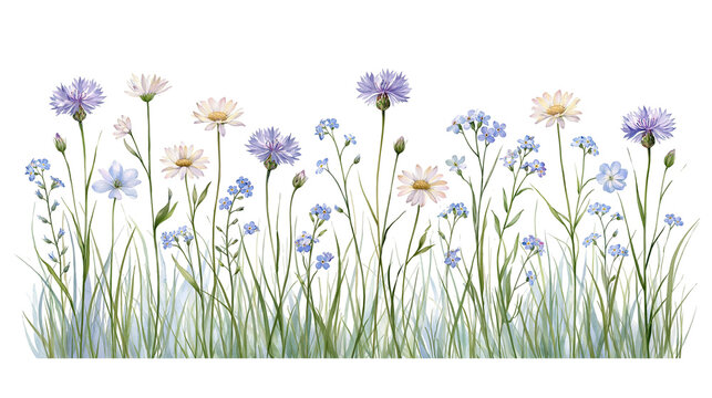 Wildflower meadow border with blue cornflowers and white daisies