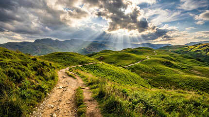 Naklejka premium A scenic hiking trail winding through lush green hills under a dramatic cloudy sky with sunbeams.