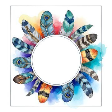 Colorful boho feather wreath frame with watercolor splashes, blank circle center for text
