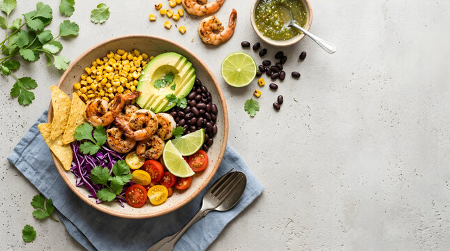 Freshness and Nutrition Concept Shrimp Burrito Bowl with Avocado and Vegetables on Textured Stone Background