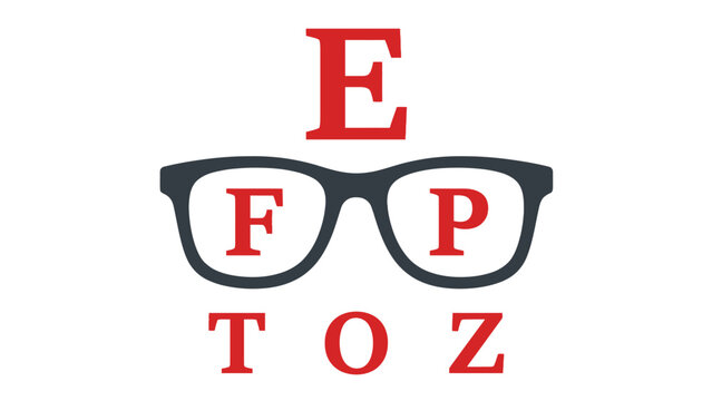 Optometry eye chart design featuring bold red letters and dark glasses for vision testing