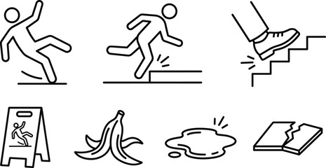 Slip trip fall hazard icon set featuring wet floor sign banana peel stairs stumble linear outline vector design © MDJUBAYER