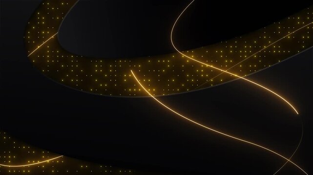 Amber light arcs cross curved bands gold specks a nearly black field. space keeps text readable. polished visual premium product reveals, evening events, celebration sophisticated brand openers.