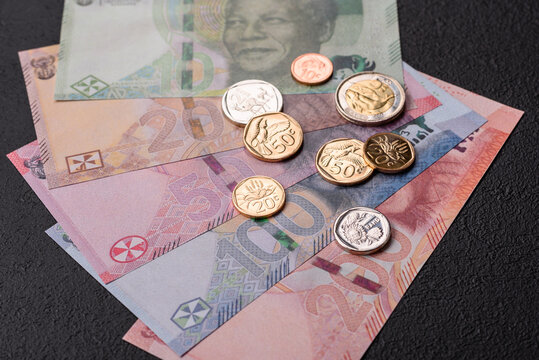 South Africa paper money, rand banknotes and cent coins as currency for exchange or travel