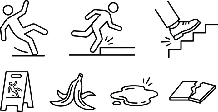 Slip trip fall hazard icon set featuring wet floor sign banana peel stairs stumble linear outline vector design