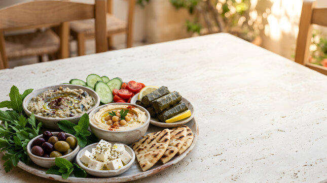 Freshness Concept Meze Platter with Hummus and Pita Bread Served on a Rustic Stone Table