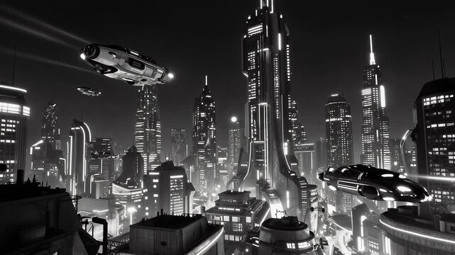 Futuristic Cityscape with Flying Vehicles at Night