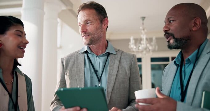Business, coffee or people at event with tablet, collaboration or insight evaluation in intermission. Corporate, drink or employees with break, networking or b2b discussion on seminar feedback report