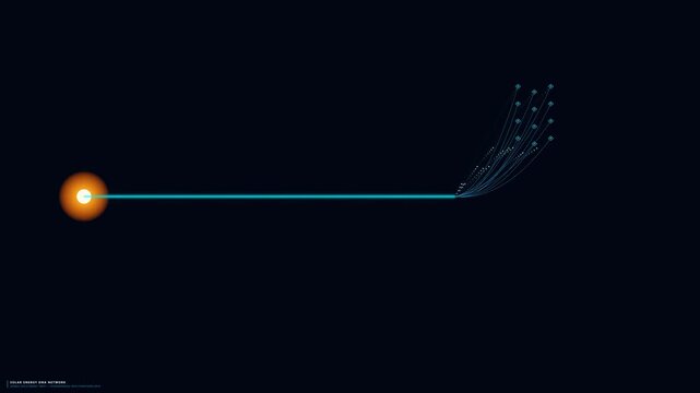 Abstract glowing orb sends out light trails, data streams, particles on dark background, futuristic motion graphics