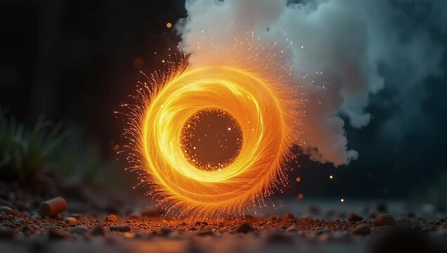 Fiery Ring of Sparks Emanates Smoke in a Surreal Scene