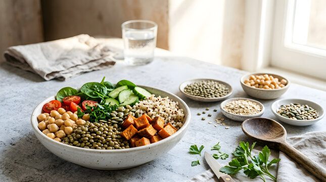 Wellness Nutrition Concept Buddha Bowl with Fresh Vegetables and Grains in a Bright Kitchen Setting