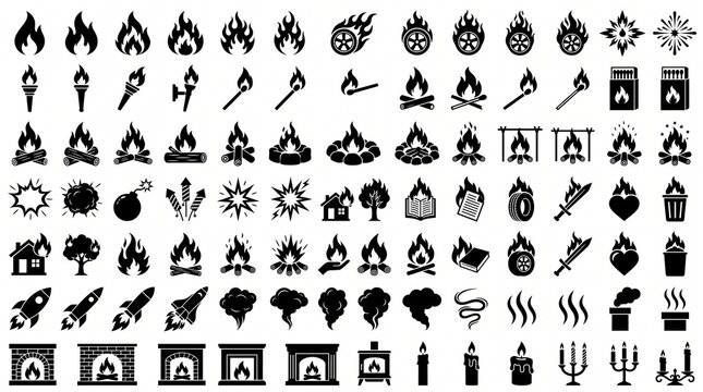 Extensive black flame icon collection featuring fire symbols, torches, campfires, explosions, burning objects, rockets, smoke, heat waves, fireplaces, candles, and decorative flames arranged in rows.