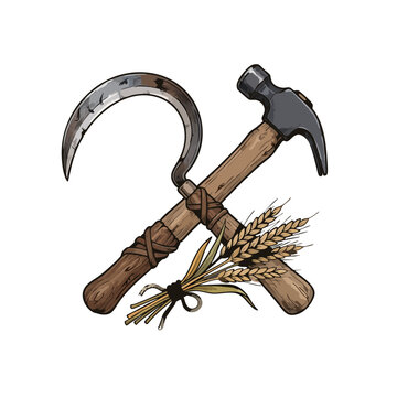 Detailed vector illustration of a crossed hammer and sickle with wheat sheaves, symbolizing labor and industry in a vintage engraved style