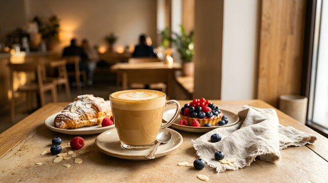 Freshness Concept Cappuccino Coffee Cup with Croissant and Fruit Tart on a Cafe Tabletop Setting