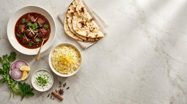 Nutrition Concept Lamb Rogan Josh with Basmati Rice and Naan Bread on a Marble Tabletop Surface