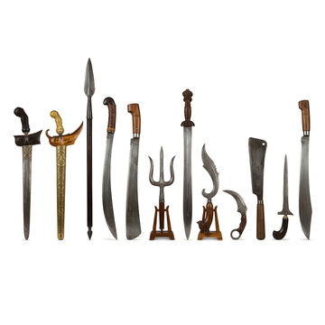 Collection of Traditional Indonesian Weapons Standing in a Row Isolated on White Background (Keris Dagger, Spear, Parang, Machete, Trident, Rencong, and Karambit Knife Concept)