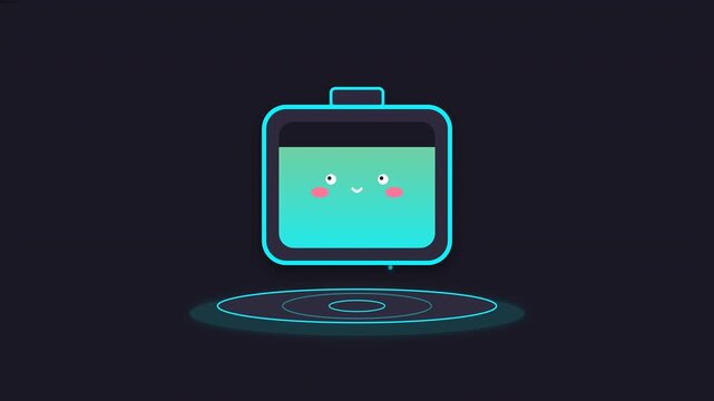 An alternative variation of the cute battery animation featuring a wireless charging pad, pulsing neon energy rings, floating power ions, and a joyful facial expression change upon full battery charge