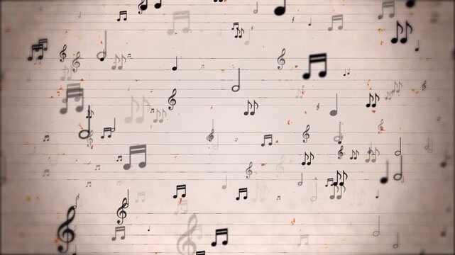 Surface displays black notes, clefs, music staffs paper finish. nostalgic visual behind recital announcements, composer biographies, sheet music tutorials, arts programming, acoustic music content.