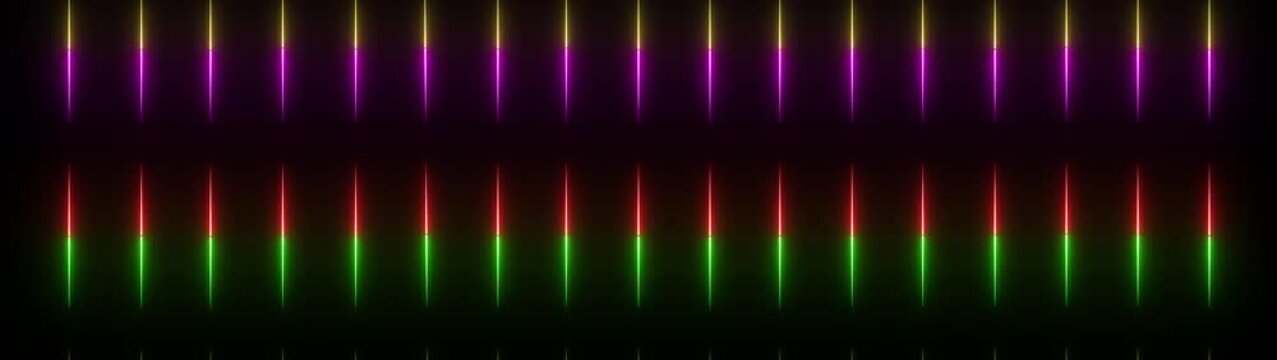 Glowing neon lines arranged in two rows creating a digital equalizer display with yellow green and pink luminous light bars on a black background.