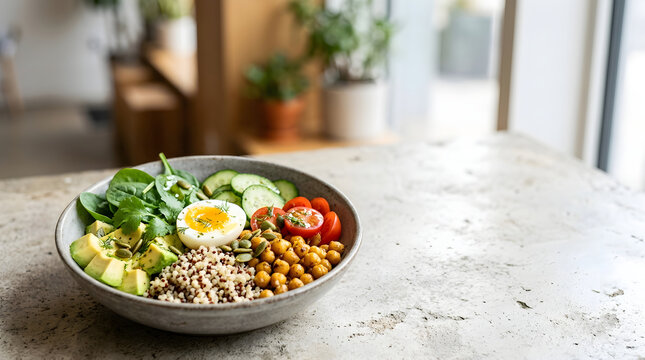 Wellness Nutrition Concept Buddha Bowl with Fresh Quinoa and Vegetables on a Stone Table Surface