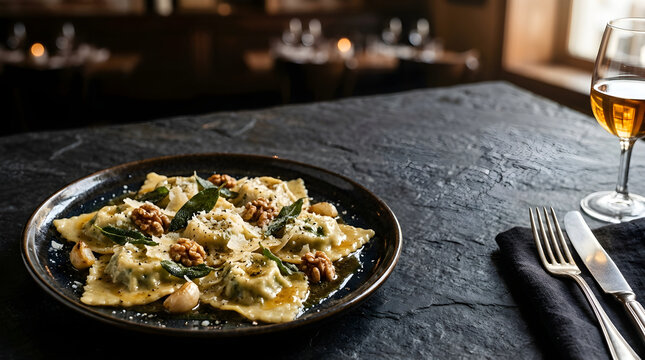 Gourmet Ravioli Pasta Dish with Sage and Walnuts Served on a Plate in Restaurant Interior
