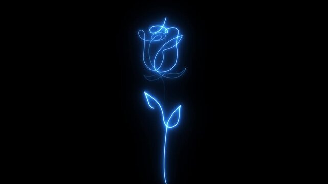 Glowing blue rose in single line art style on black background, showcasing a brilliant neon floral light with continuous bright cyber illumination