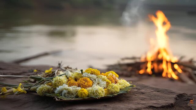 Traditional flower offering by a river with ritual fire in the background, spiritual ceremony, remembrance, cultural tradition, prayer, peaceful reflection, Hindu funeral rites and sacred ritu