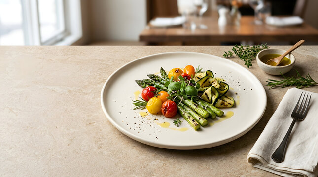 Wellness Concept Grilled Vegetable Platter with Fresh Herbs Served on a Stone Countertop Restaurant Table