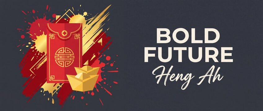 Chinese New Year Red Envelope with Gold Ingots and Paint Splashes for Lunar New Year Banner Celebrating Wealth, Luck, Heng Ah, Bold Future, and Prosperity with Copy Space on Dark Background