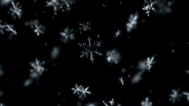 Natural, realistic snowflakes fall from top to bottom - ideal for digital compositions and photos with a black background