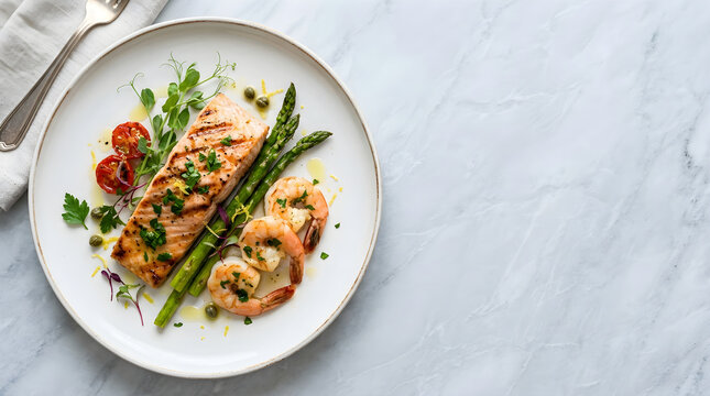 Nutrition and Freshness Concept Grilled Salmon Fillet with Shrimp and Asparagus on a Marble Surface